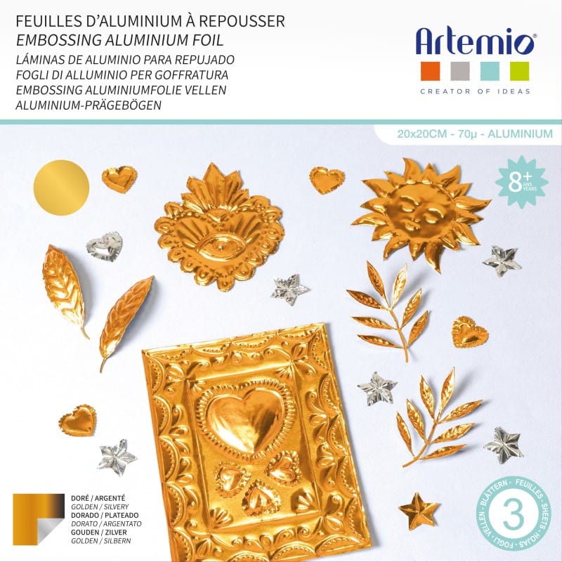 3 feuilles alu à repousser doré clair 20x20 cm - Artemio